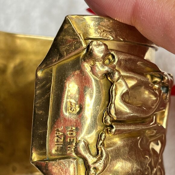 1960s Artisanal Brutalist Brass 3d Layered Cuff Bracelet Raw Amethyst  Dutras - Picture 4 of 7